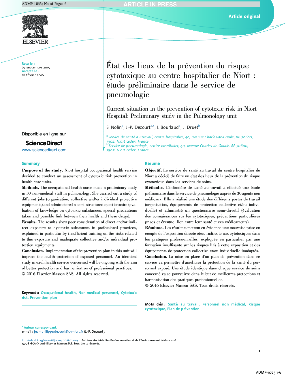 عکس صفحه اول مقاله: Ãtat des lieux de la prévention du risque cytotoxique au centre hospitalier de Niort : étude préliminaire dans le service de pneumologie Ãtat des lieux de la prévention du risque cytotoxique au centre hospitalier de Niort : étude préliminaire dans le service de pneumologie