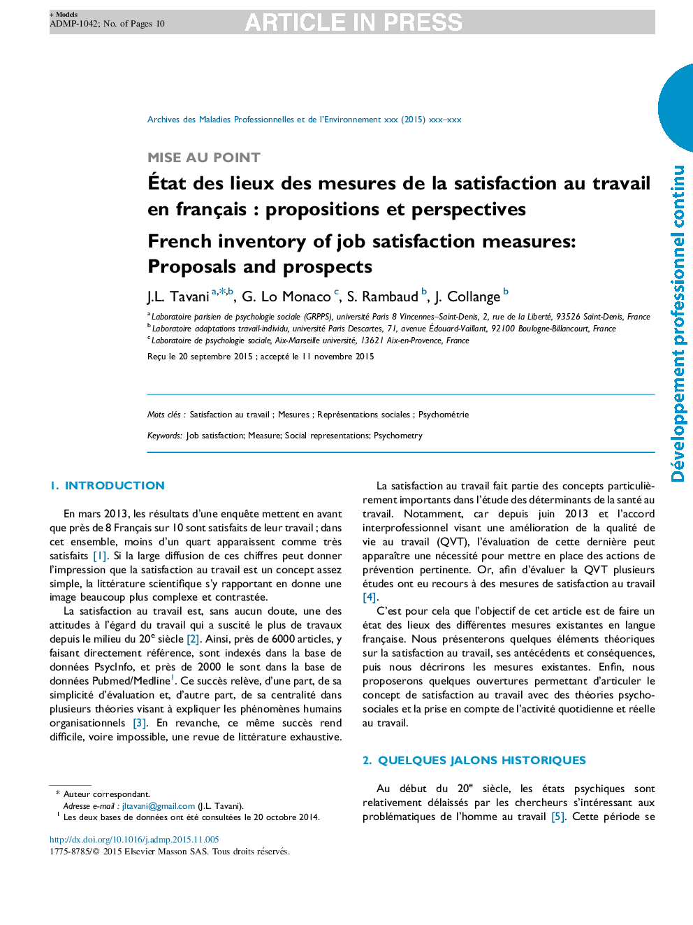 Ãtat des lieux des mesures de la satisfaction au travail en françaisÂ : propositions et perspectives