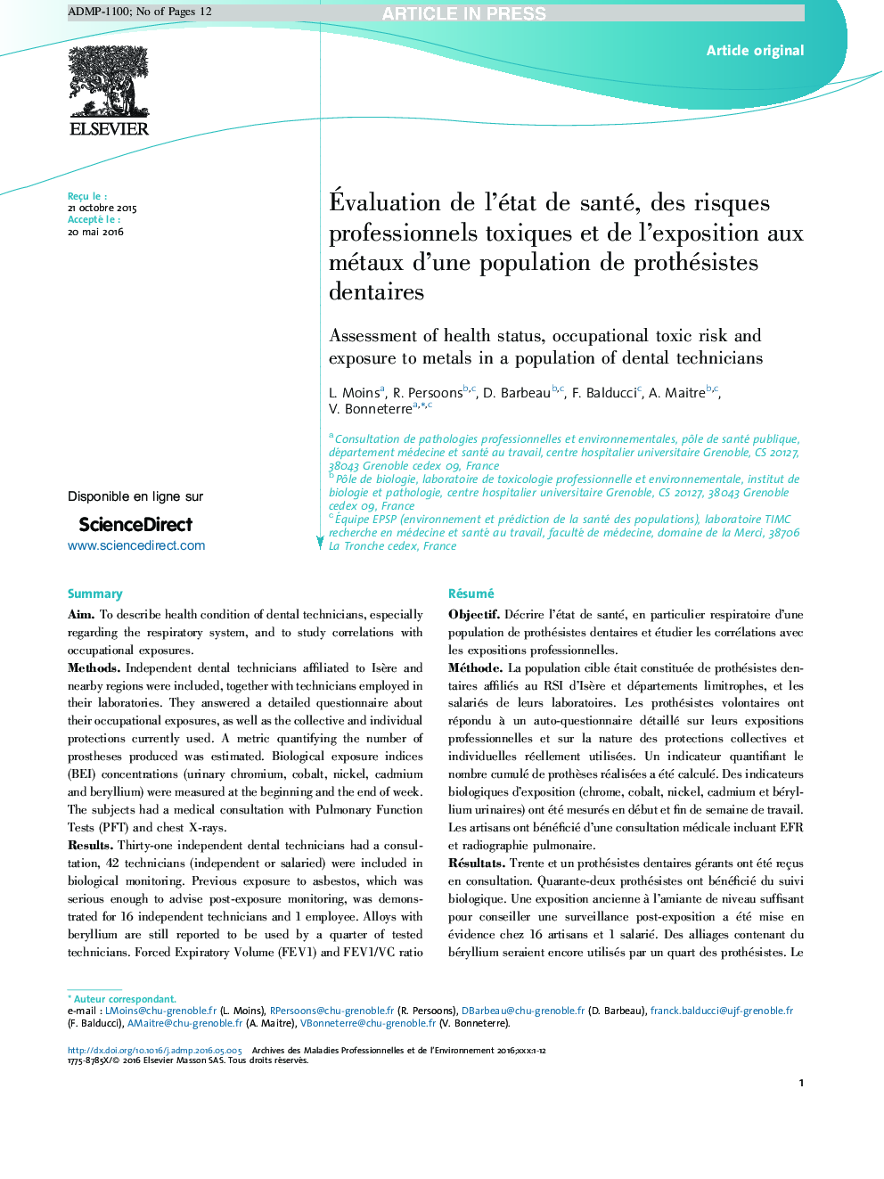 Ãvaluation de l'état de santé, des risques professionnels toxiques et de l'exposition aux métaux d'une population de prothésistes dentaires