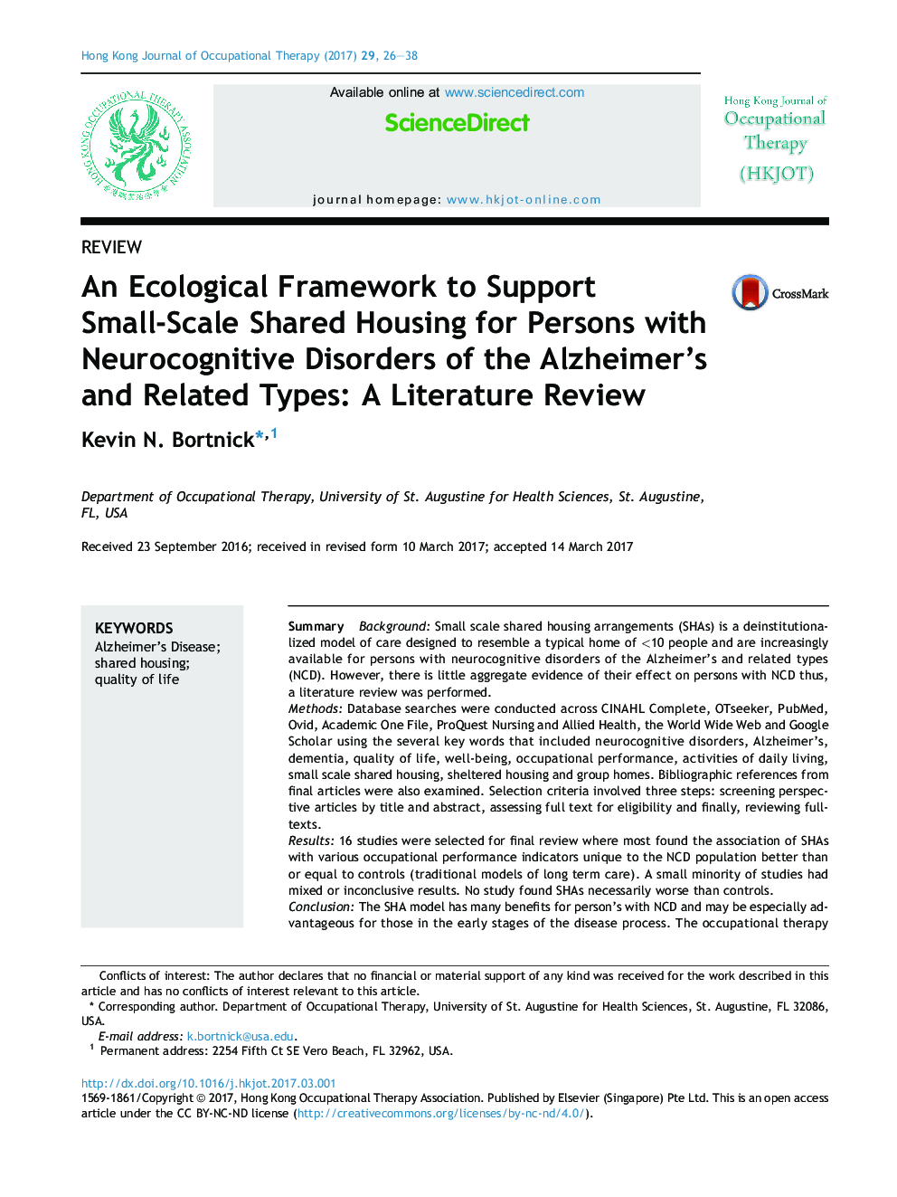 An Ecological Framework to Support Small-Scale Shared Housing for Persons with Neurocognitive Disorders of the Alzheimer's and Related Types: A Literature Review