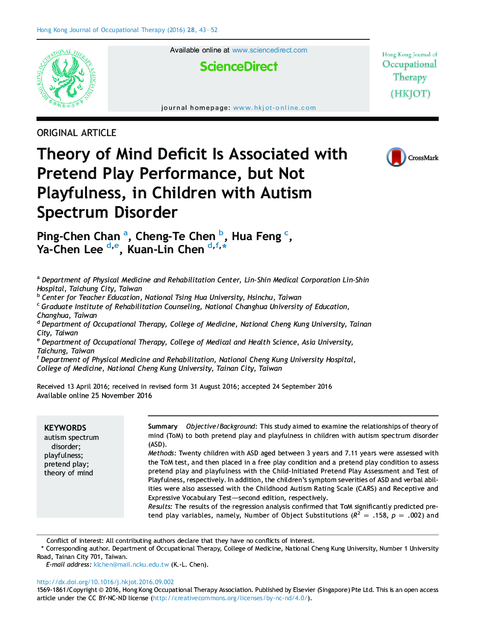 Theory of Mind Deficit Is Associated with Pretend Play Performance, but Not Playfulness, in Children with Autism Spectrum Disorder