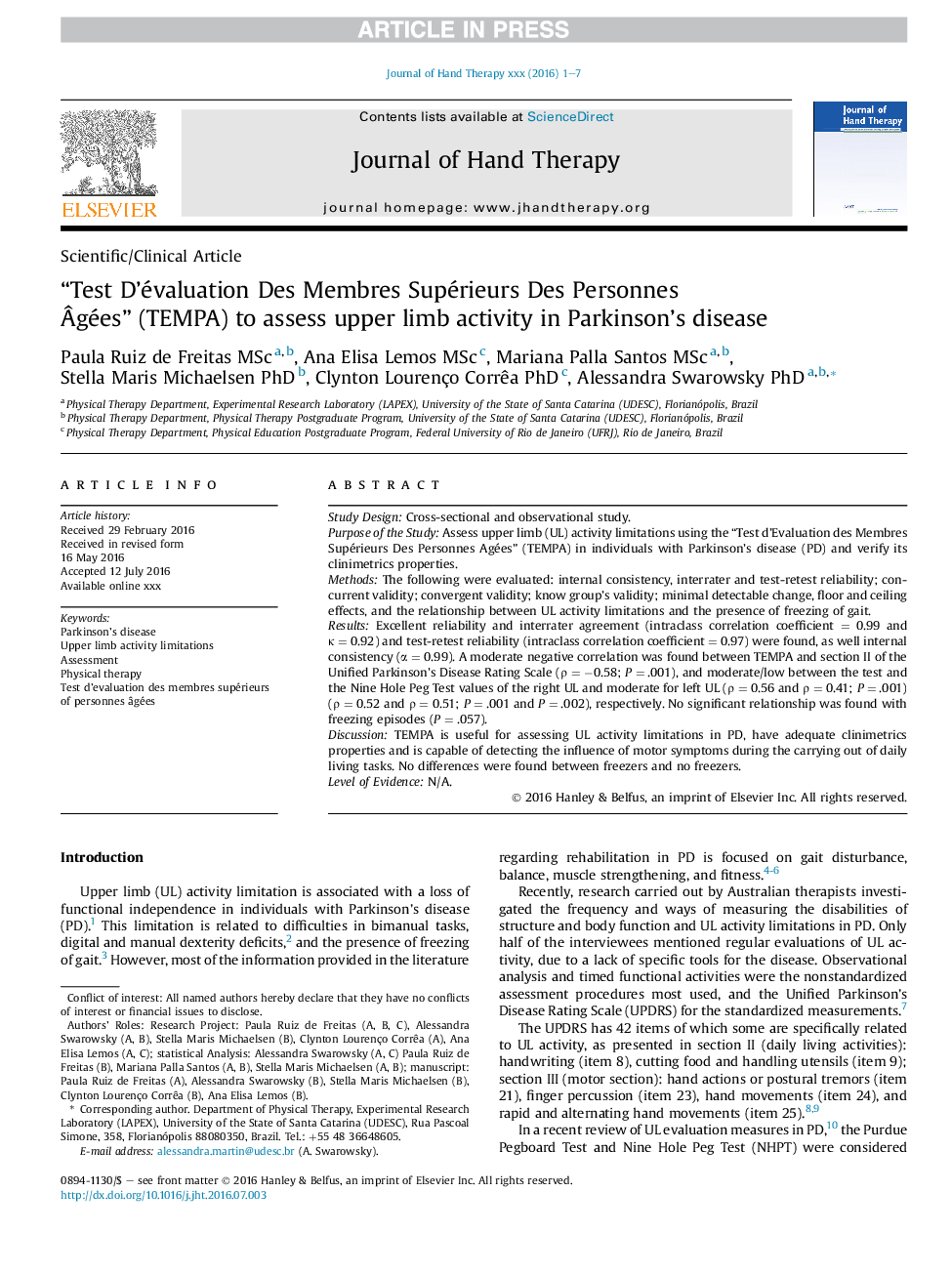 “Test D'évaluation Des Membres Supérieurs Des Personnes Ãgées”Â (TEMPA) to assess upper limb activity in Parkinson's disease