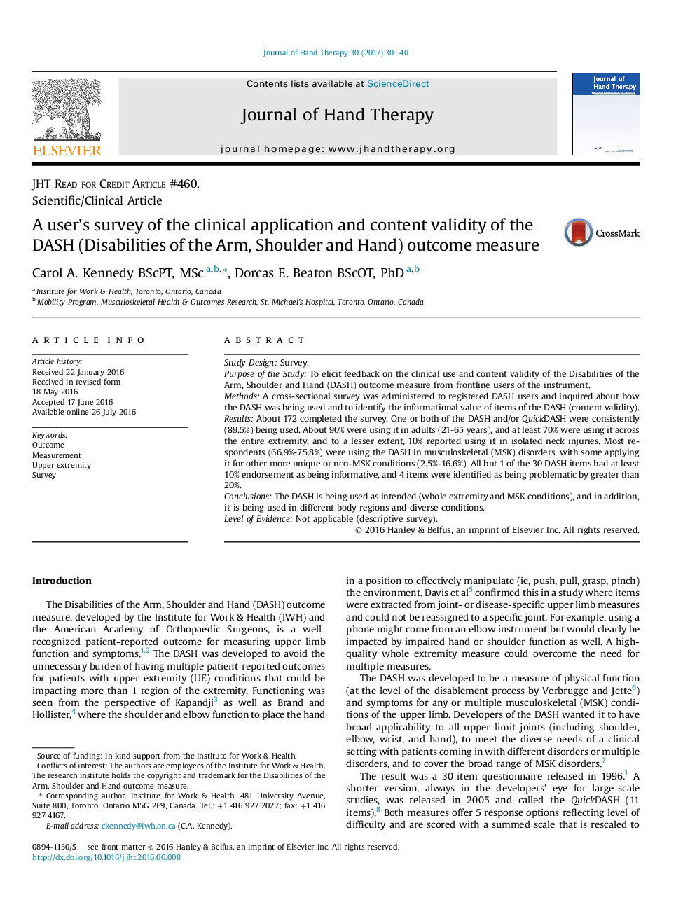 A user's survey of the clinical application and content validity of the DASH (Disabilities of the Arm, Shoulder and Hand) outcome measure