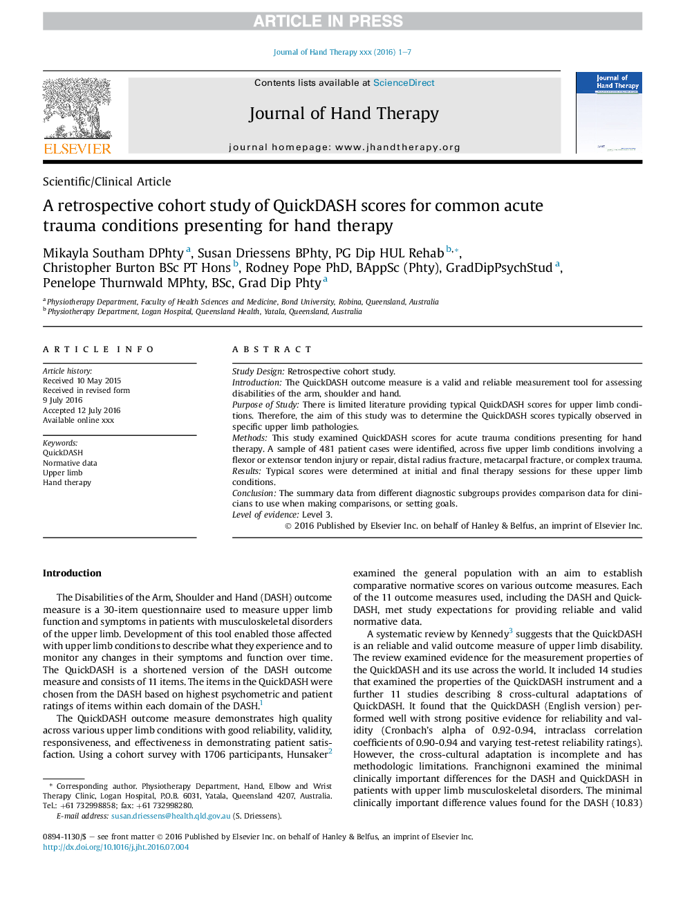 A retrospective cohort study of QuickDASH scores for common acute trauma conditions presenting for hand therapy