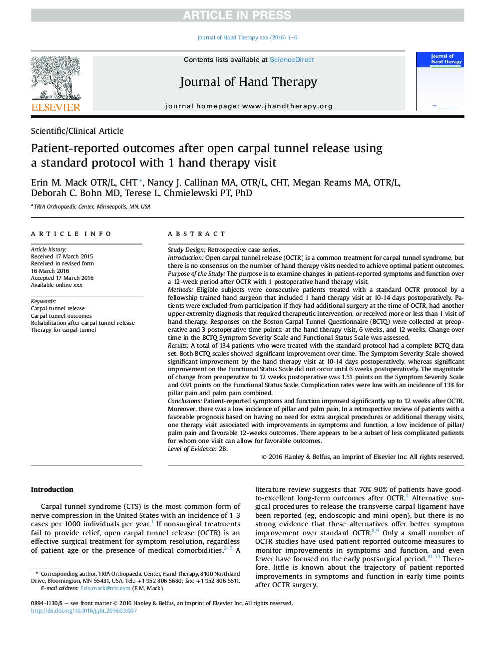 Patient-reported outcomes after open carpal tunnel release using a standard protocol with 1 hand therapy visit