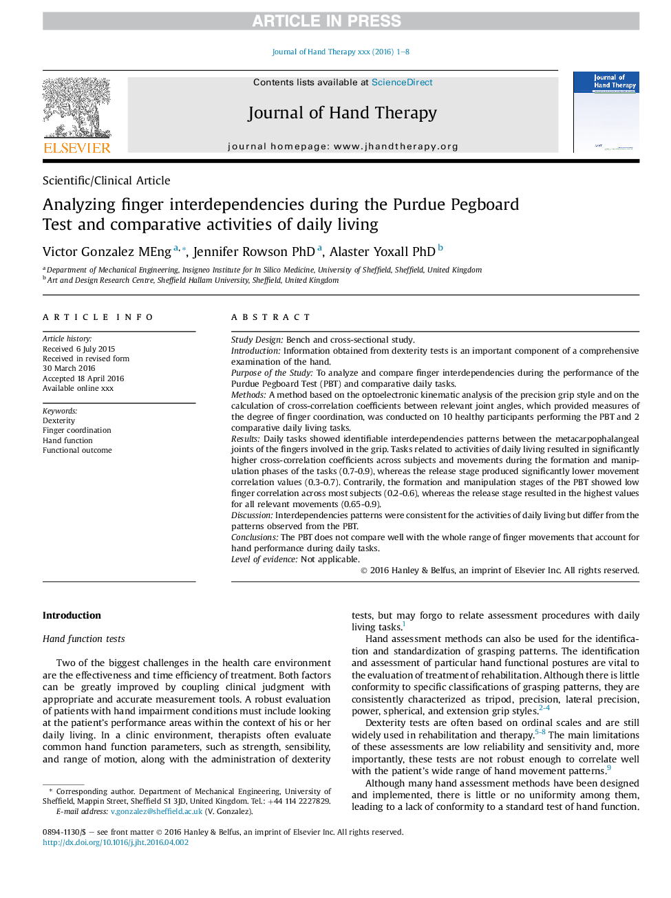 Analyzing finger interdependencies during the Purdue Pegboard Test and comparative activities of daily living