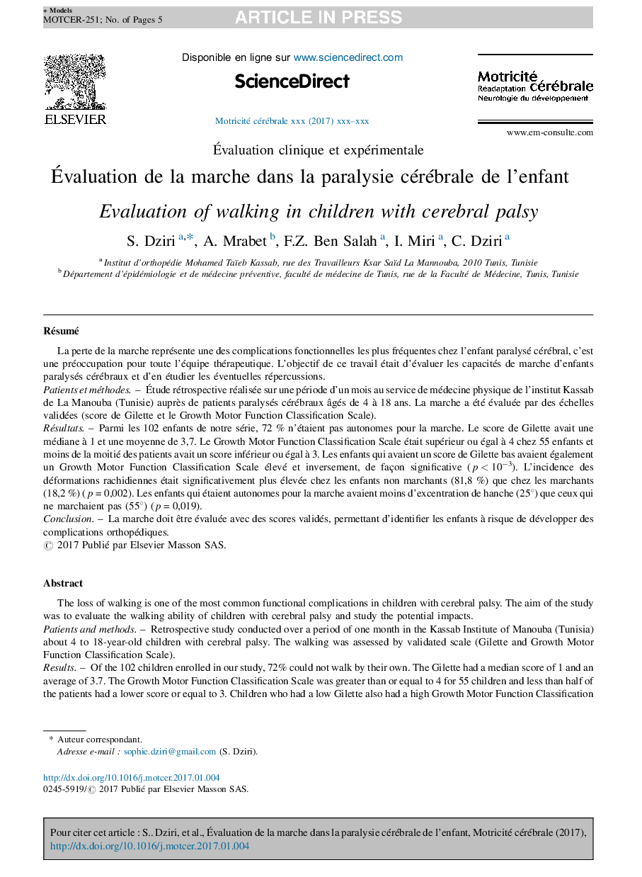 Ãvaluation de la marche dans la paralysie cérébrale de l'enfant