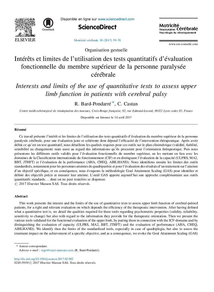 IntérÃªts et limites de l'utilisation des tests quantitatifs d'évaluation fonctionnelle du membre supérieur de la personne paralysée cérébrale