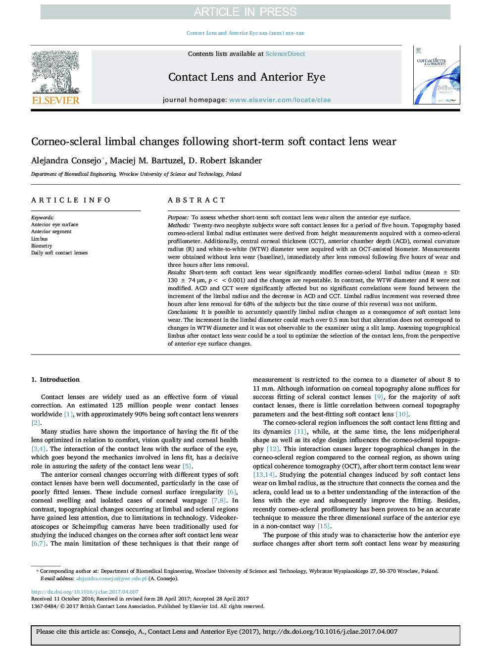 Corneo-scleral limbal changes following short-term soft contact lens wear