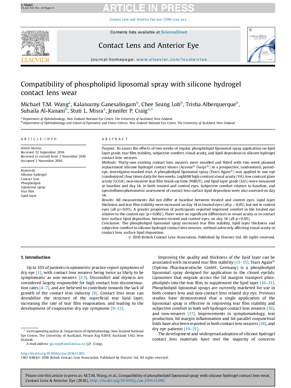 Compatibility of phospholipid liposomal spray with silicone hydrogel contact lens wear