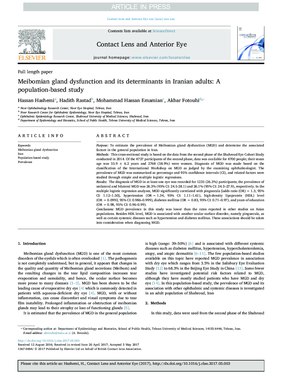 Meibomian gland dysfunction and its determinants in Iranian adults: A population-based study