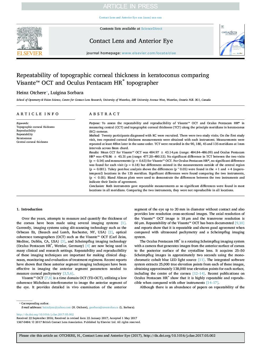 Repeatability of topographic corneal thickness in keratoconus comparing Visanteâ¢ OCT and Oculus Pentacam HR® topographer