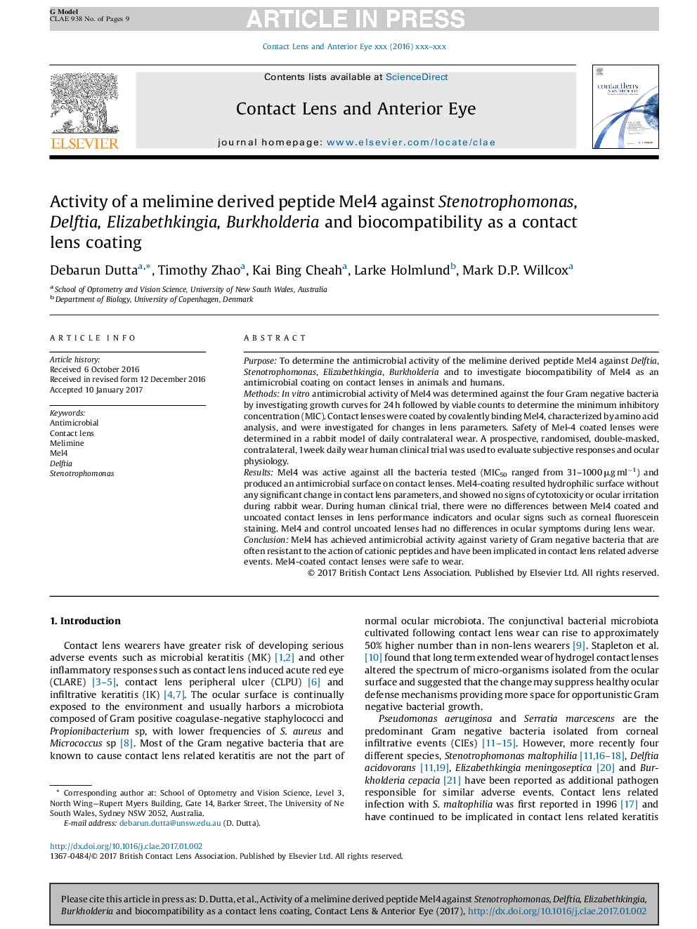 Activity of a melimine derived peptide Mel4 against Stenotrophomonas, Delftia, Elizabethkingia, Burkholderia and biocompatibility as a contact lens coating