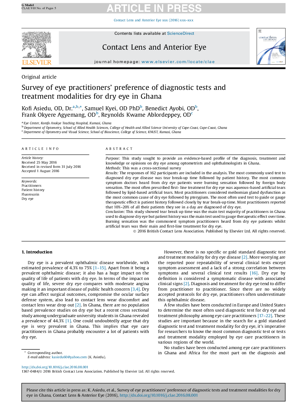 Survey of eye practitioners' preference of diagnostic tests and treatment modalities for dry eye in Ghana