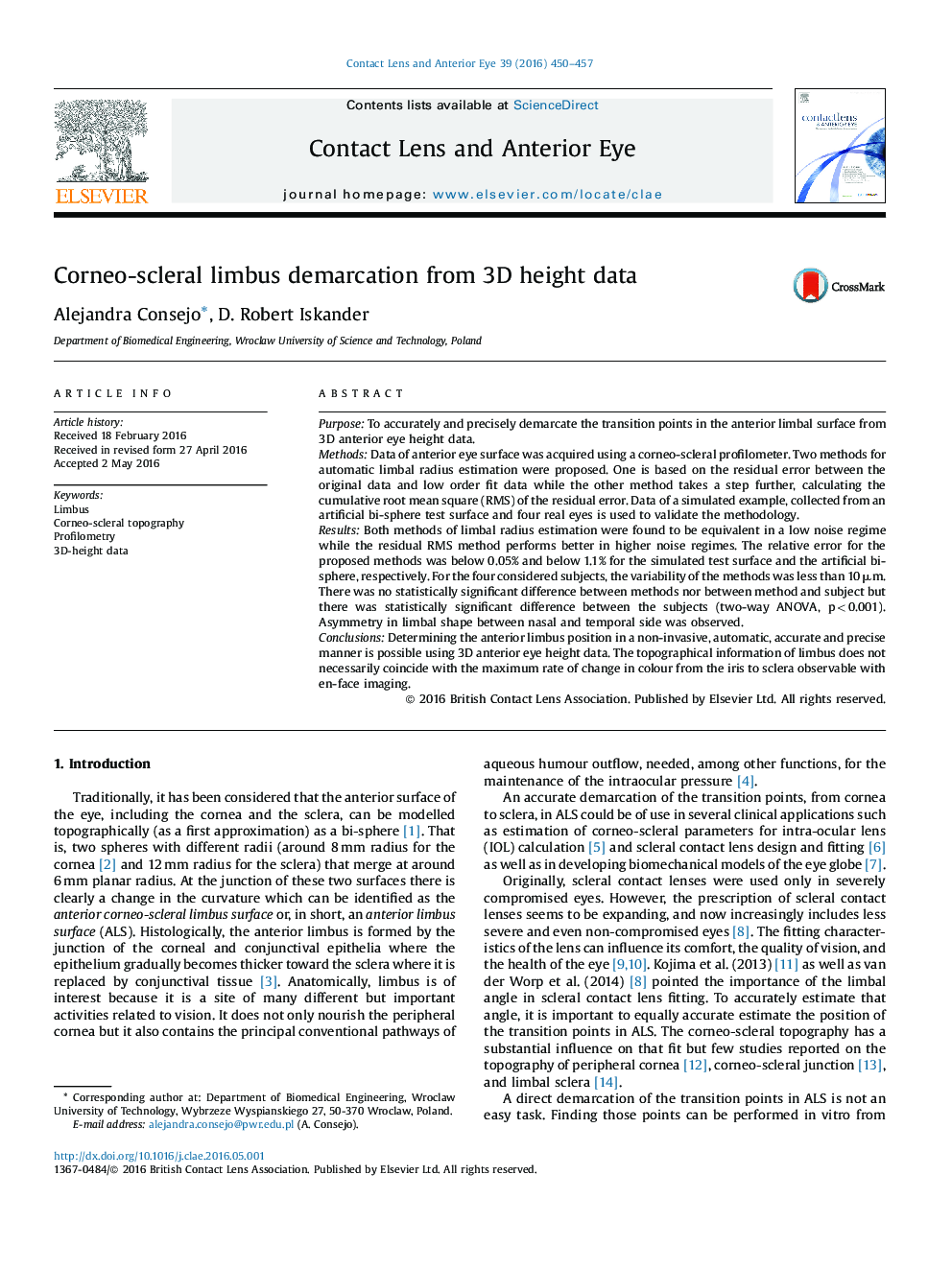 Corneo-scleral limbus demarcation from 3D height data