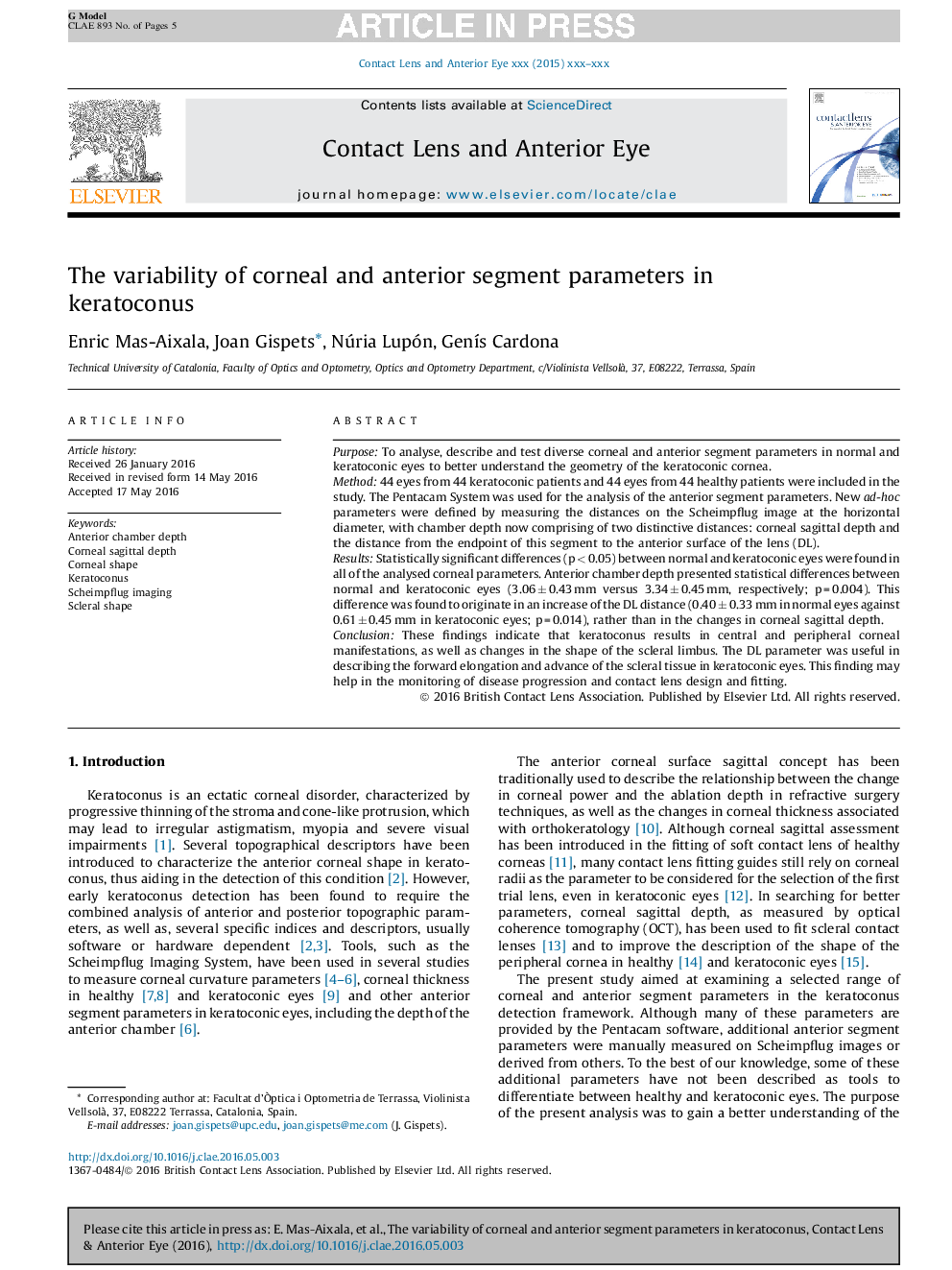 The variability of corneal and anterior segment parameters in keratoconus