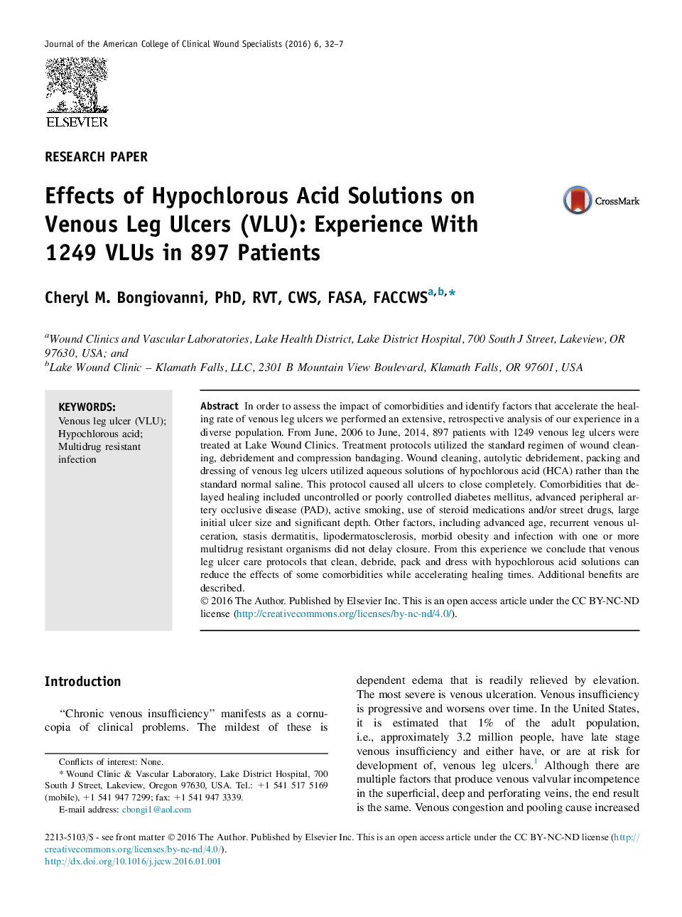 Effects of Hypochlorous Acid Solutions on Venous Leg Ulcers (VLU): Experience With 1249 VLUs in 897 Patients