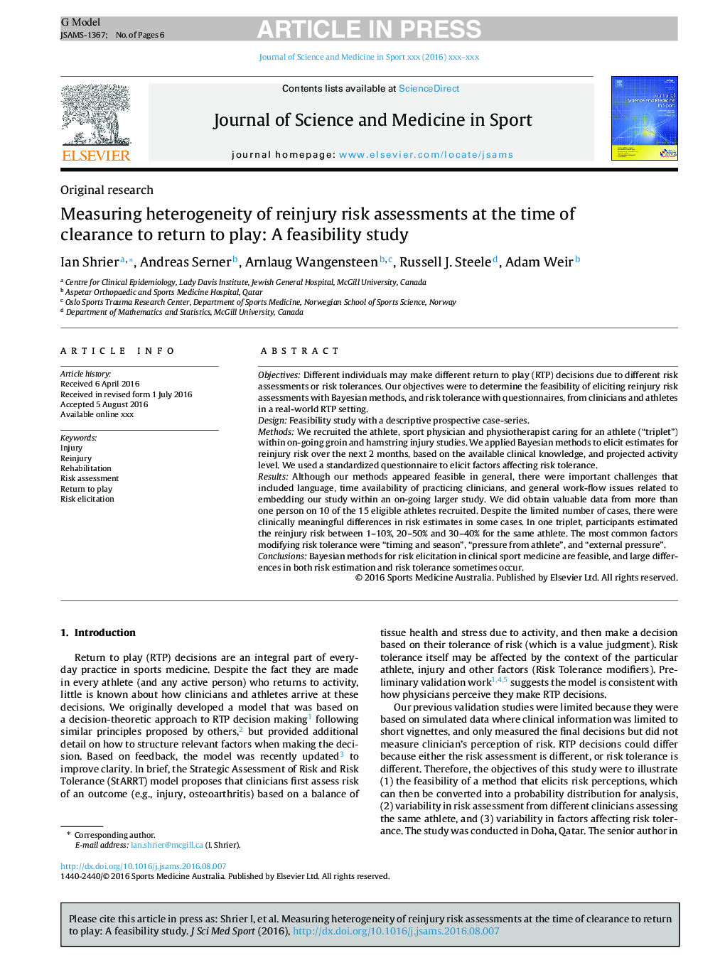 Measuring heterogeneity of reinjury risk assessments at the time of clearance to return to play: A feasibility study