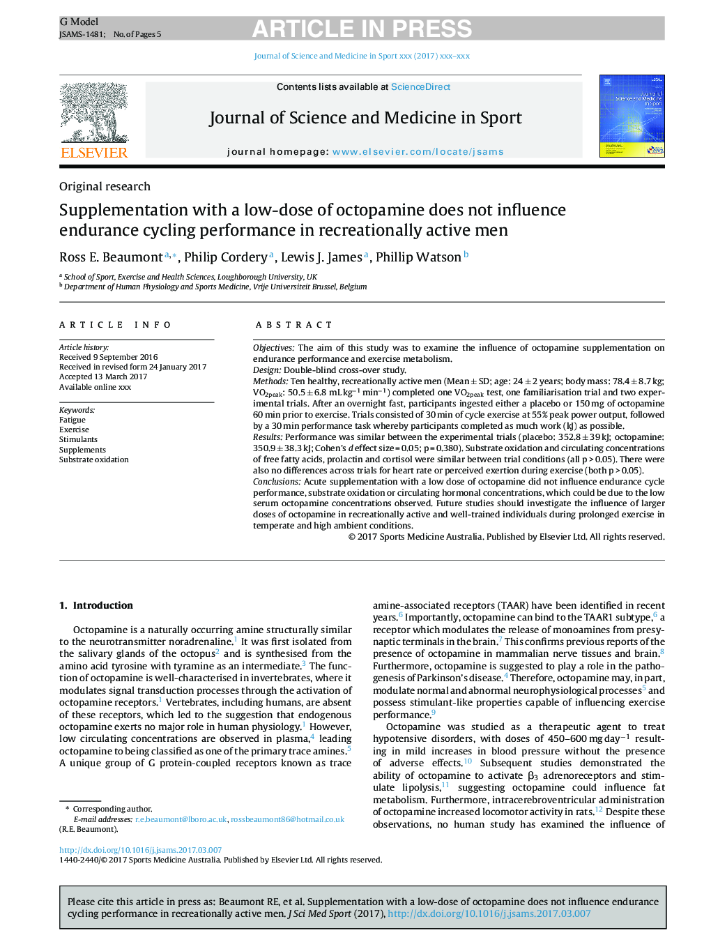 Supplementation with a low-dose of octopamine does not influence endurance cycling performance in recreationally active men