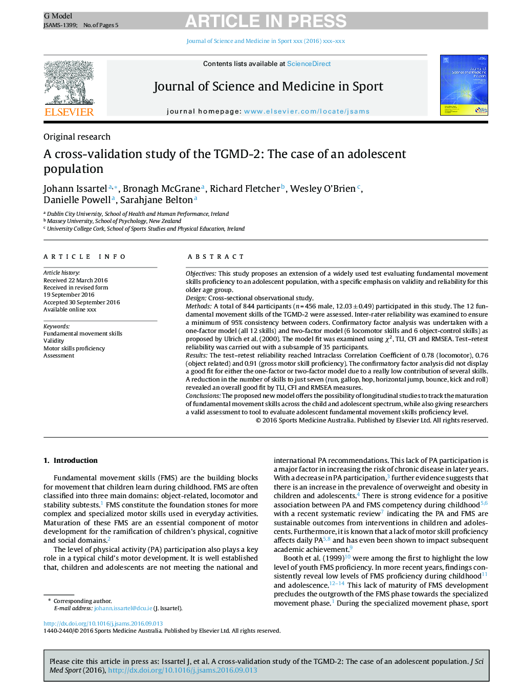 A cross-validation study of the TGMD-2: The case of an adolescent population