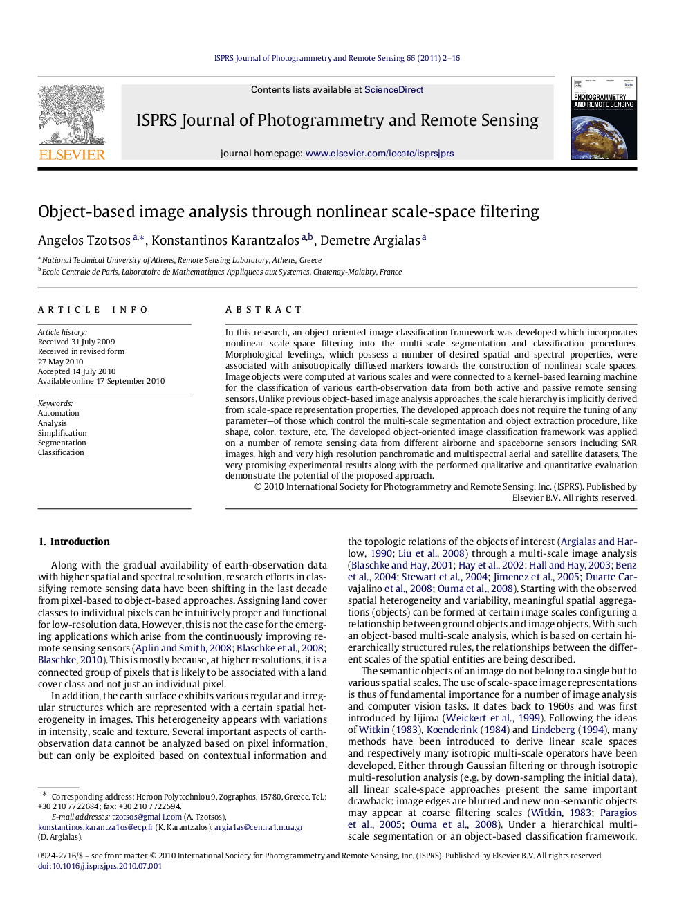 Object-based image analysis through nonlinear scale-space filtering