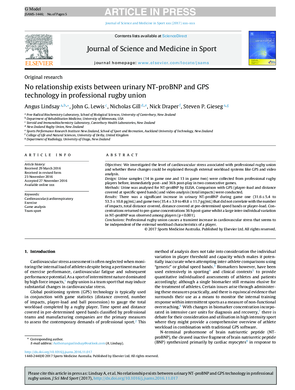 No relationship exists between urinary NT-proBNP and GPS technology in professional rugby union