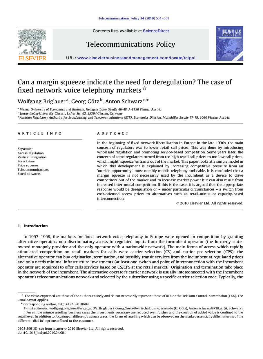 Can a margin squeeze indicate the need for deregulation? The case of fixed network voice telephony markets 