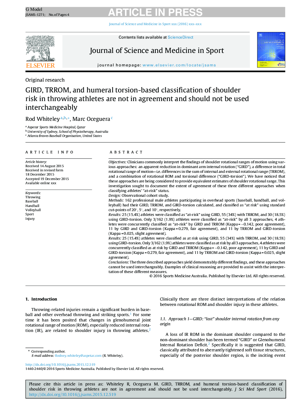 GIRD, TRROM, and humeral torsion-based classification of shoulder risk in throwing athletes are not in agreement and should not be used interchangeably