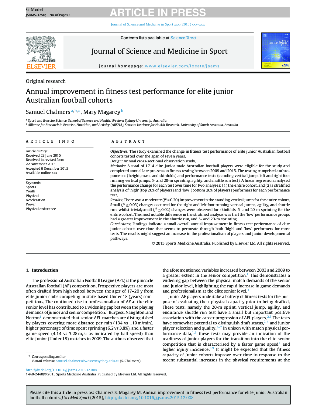 Annual improvement in fitness test performance for elite junior Australian football cohorts