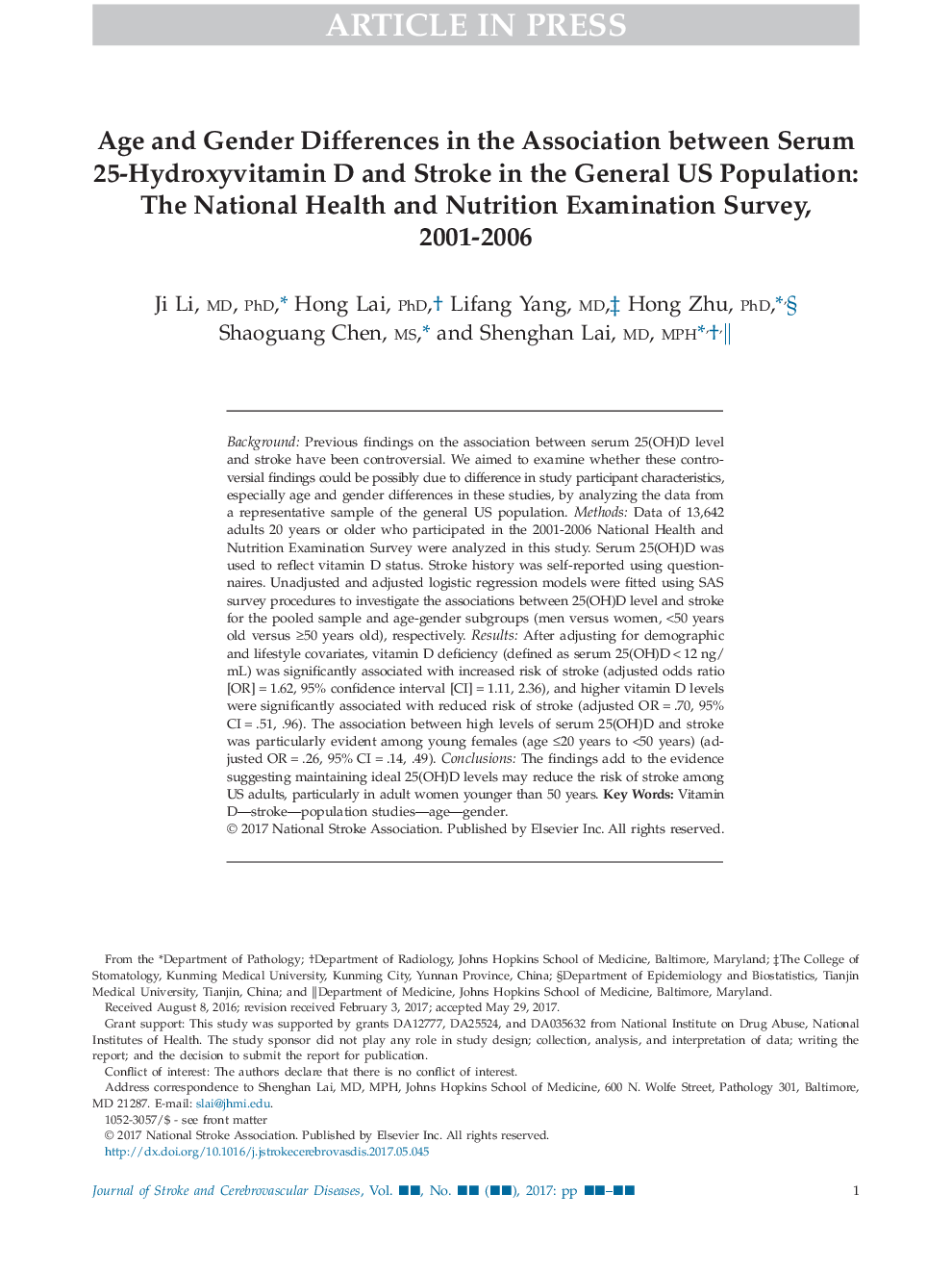 Age and Gender Differences in the Association between Serum 25-Hydroxyvitamin D and Stroke in the General US Population: The National Health and Nutrition Examination Survey, 2001-2006