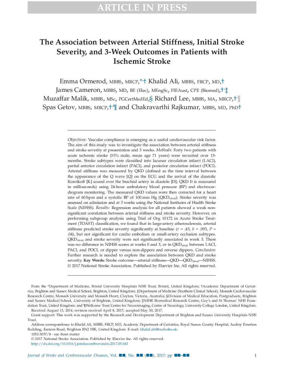 The Association between Arterial Stiffness, Initial Stroke Severity, and 3-Week Outcomes in Patients with Ischemic Stroke