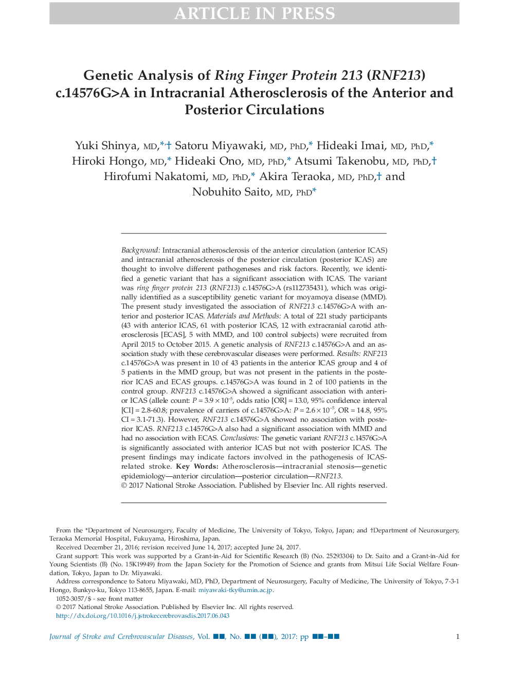 Genetic Analysis of Ring Finger Protein 213 (RNF213) c.14576G>A in Intracranial Atherosclerosis of the Anterior and Posterior Circulations