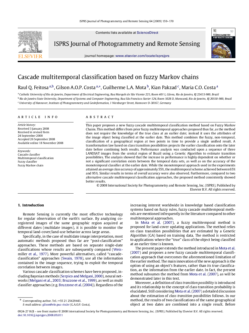 Cascade multitemporal classification based on fuzzy Markov chains