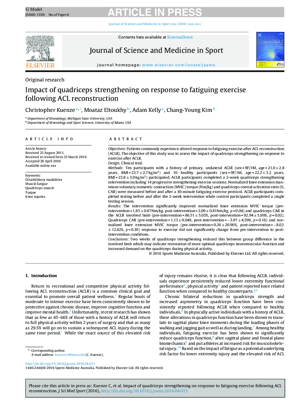 Impact of quadriceps strengthening on response to fatiguing exercise following ACL reconstruction