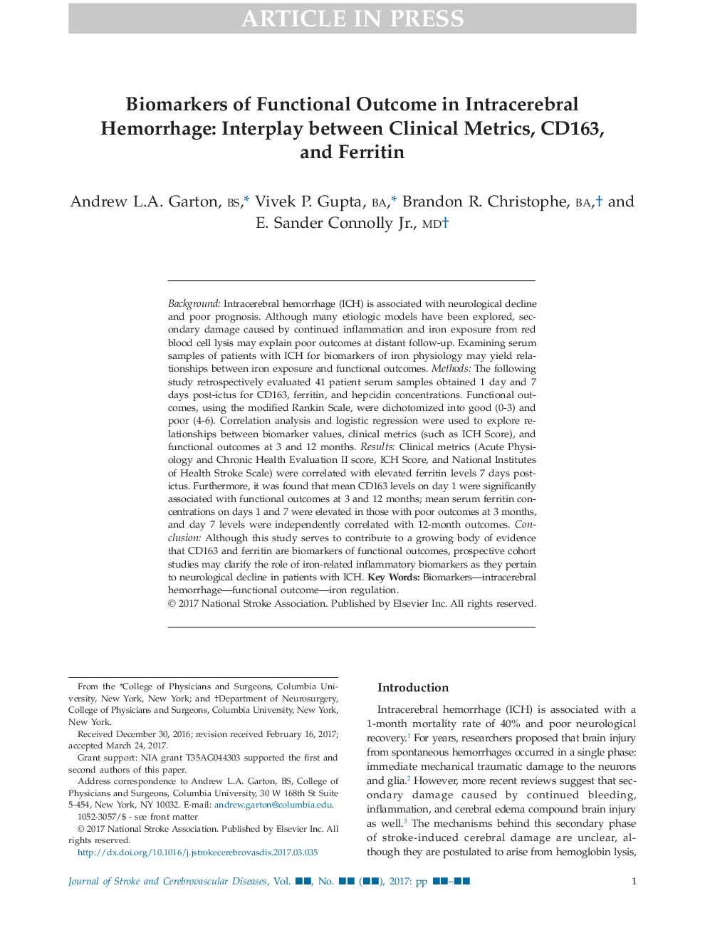 Biomarkers of Functional Outcome in Intracerebral Hemorrhage: Interplay between Clinical Metrics, CD163, and Ferritin