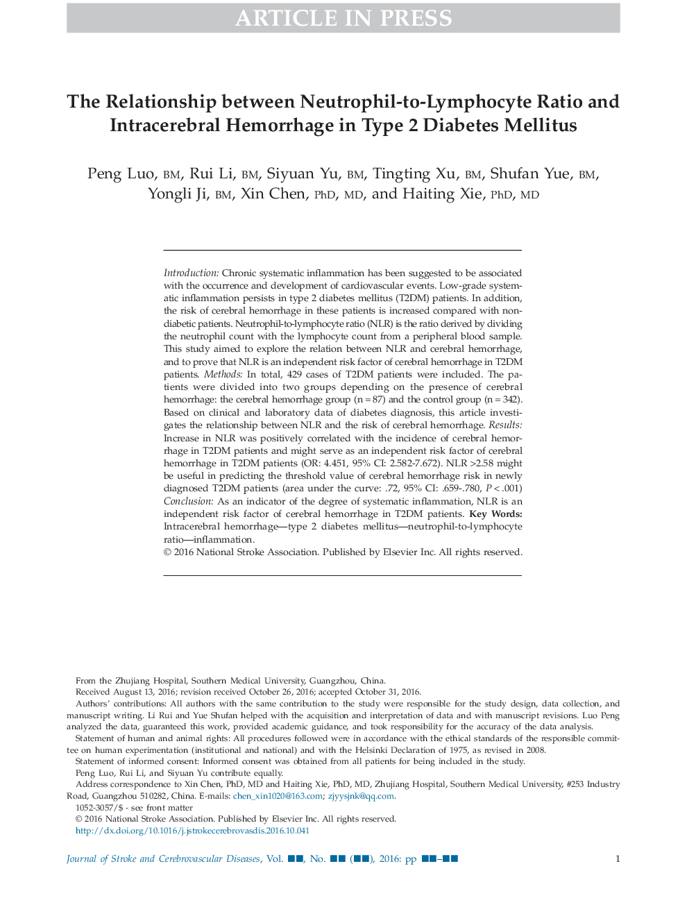 The Relationship between Neutrophil-to-Lymphocyte Ratio and Intracerebral Hemorrhage in Type 2 Diabetes Mellitus