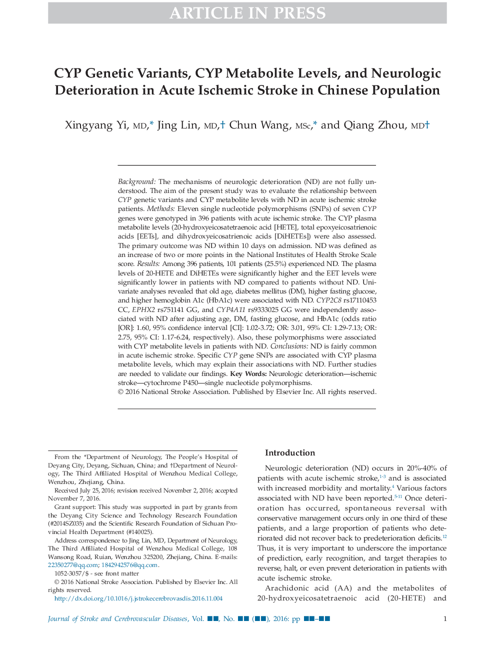 CYP Genetic Variants, CYP Metabolite Levels, and Neurologic Deterioration in Acute Ischemic Stroke in Chinese Population