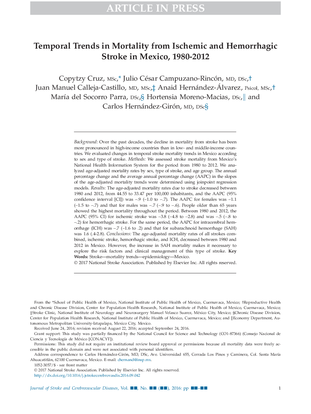 Temporal Trends in Mortality from Ischemic and Hemorrhagic Stroke in Mexico, 1980-2012