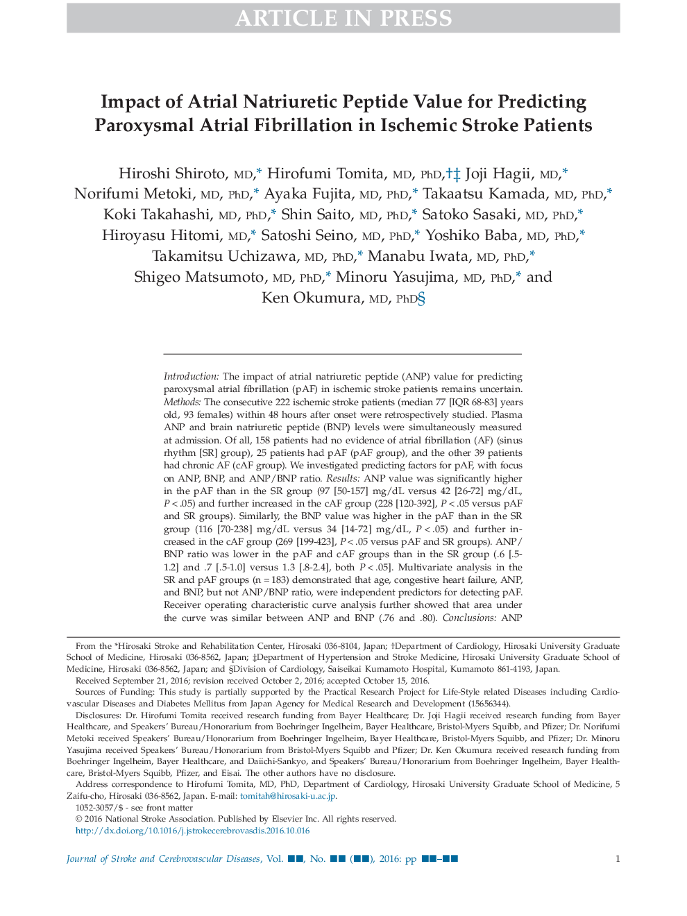 Impact of Atrial Natriuretic Peptide Value for Predicting Paroxysmal Atrial Fibrillation in Ischemic Stroke Patients