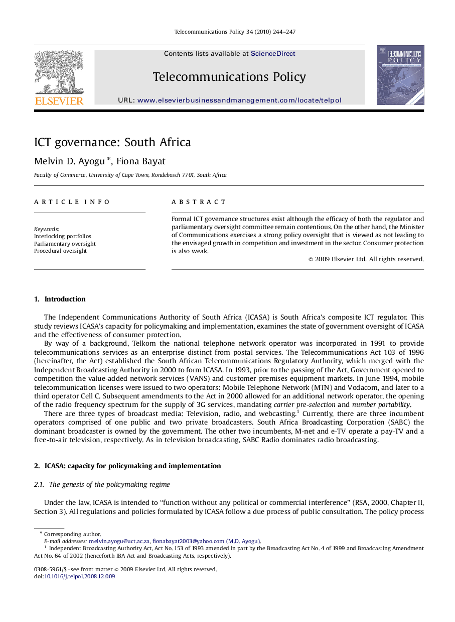 عکس صفحه اول مقاله: ICT governance: South Africa ICT governance: South Africa
