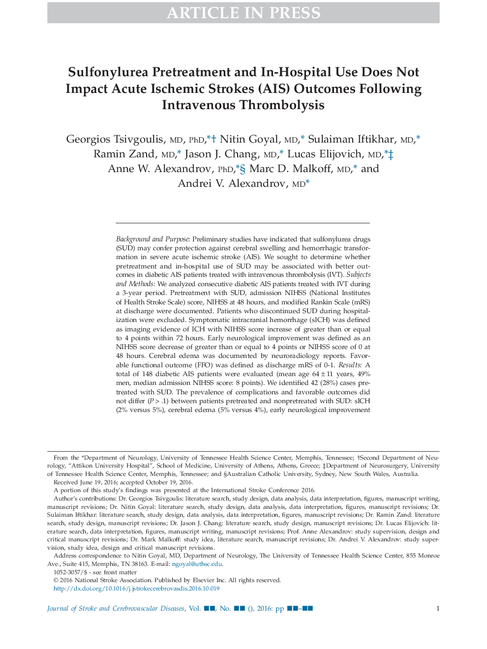 Sulfonylurea Pretreatment and In-Hospital Use Does Not Impact Acute Ischemic Strokes (AIS) Outcomes Following Intravenous Thrombolysis