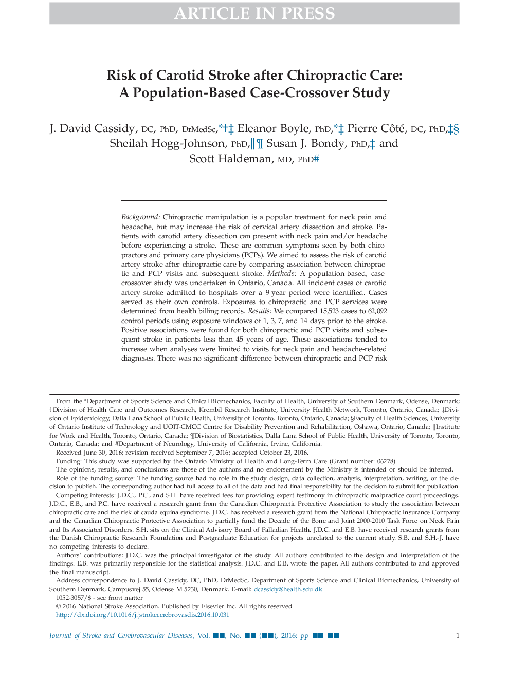 Risk of Carotid Stroke after Chiropractic Care: A Population-Based Case-Crossover Study