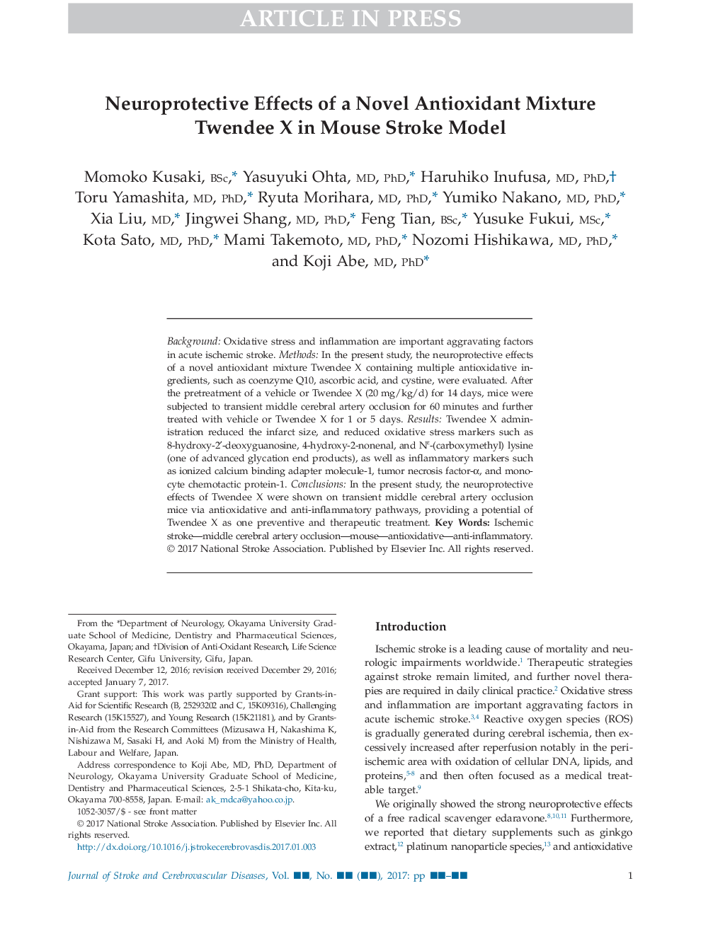 Neuroprotective Effects of a Novel Antioxidant Mixture Twendee X in Mouse Stroke Model