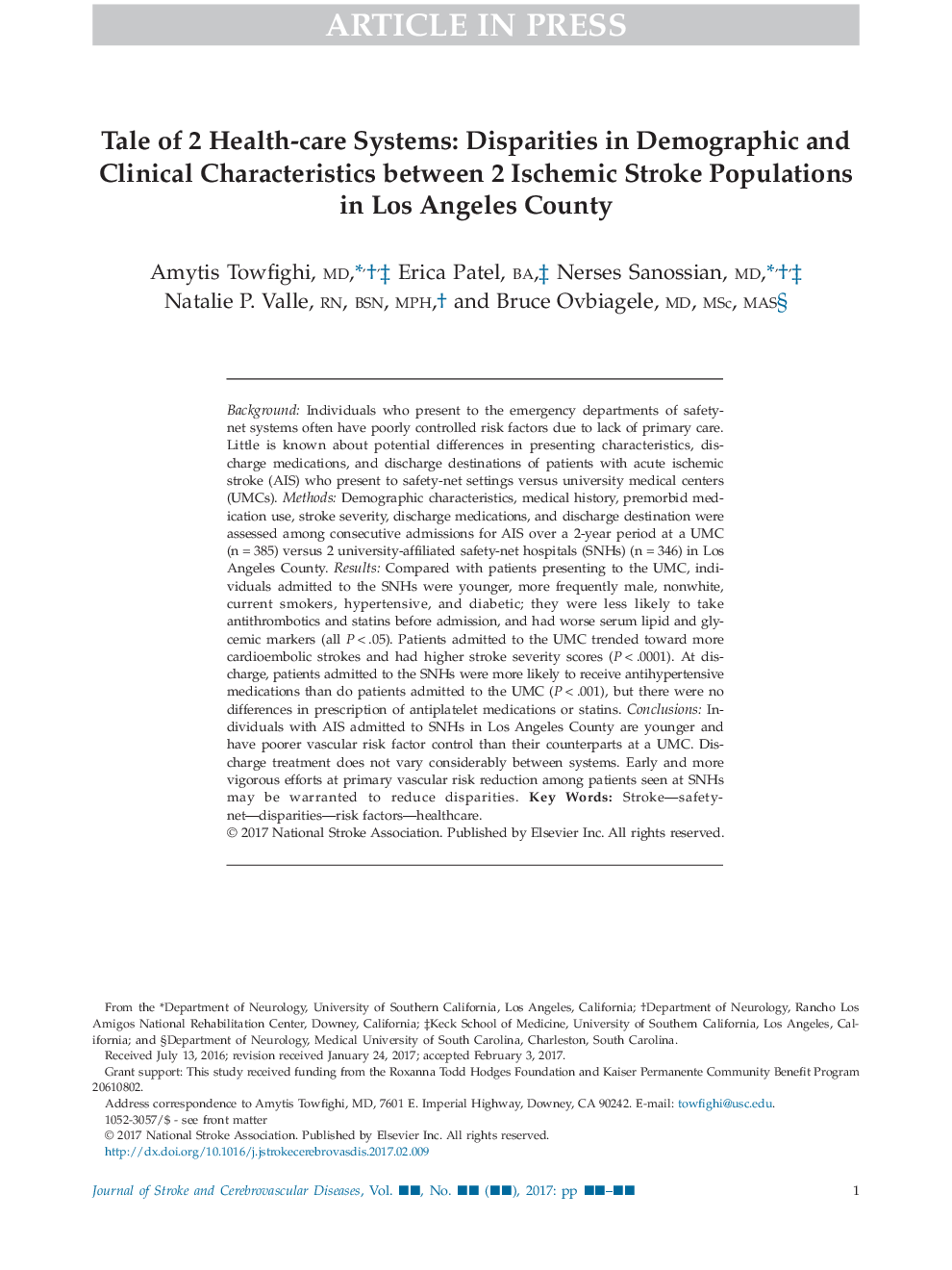 Tale of 2 Health-care Systems: Disparities in Demographic and Clinical Characteristics between 2 Ischemic Stroke Populations in Los Angeles County