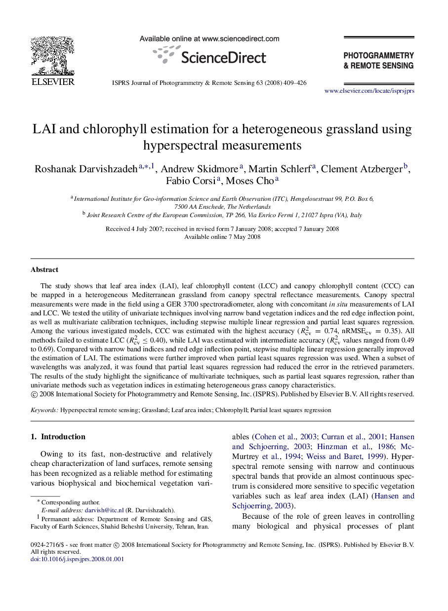 LAI and chlorophyll estimation for a heterogeneous grassland using hyperspectral measurements