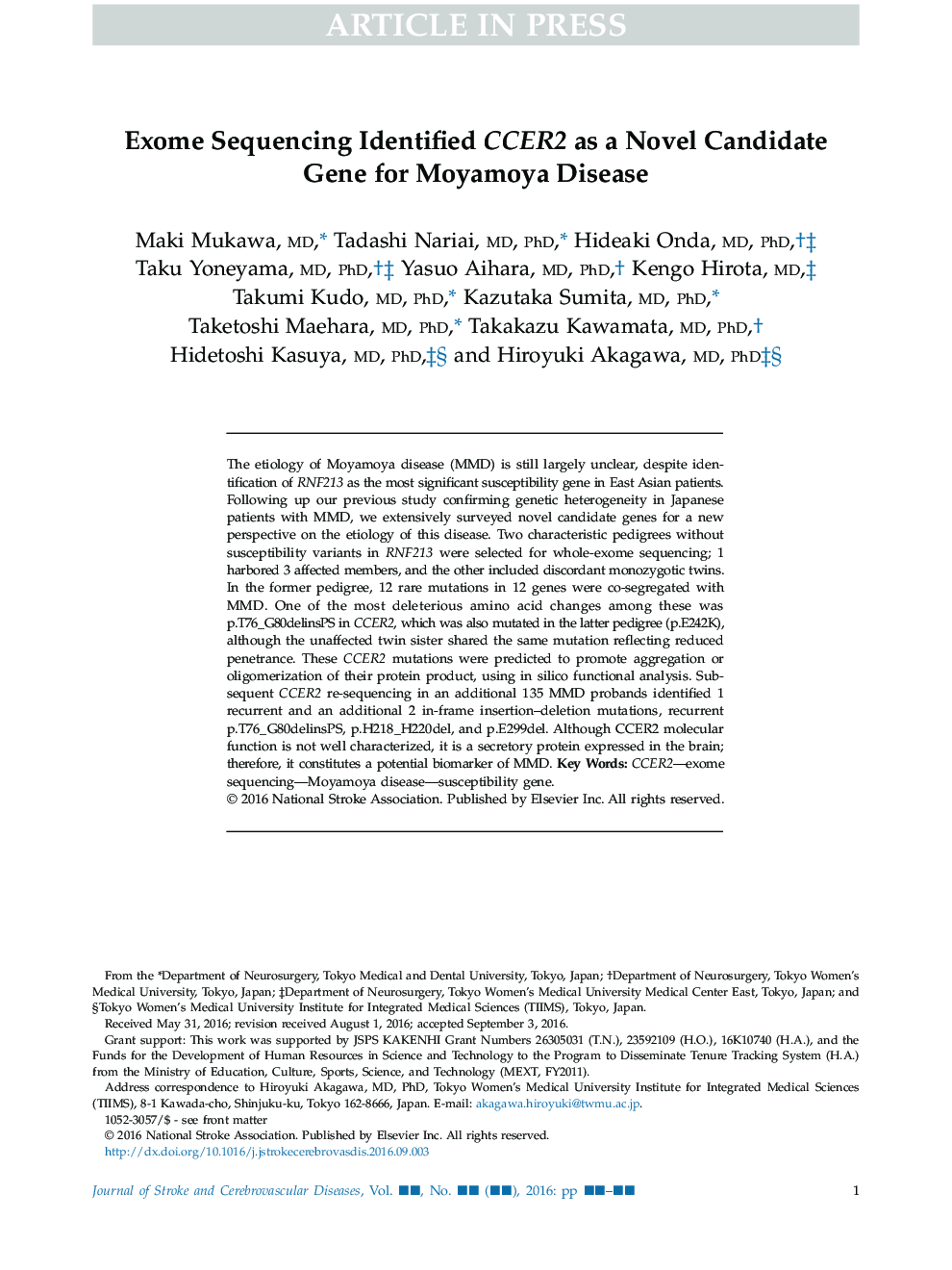 Exome Sequencing Identified CCER2 as a Novel Candidate Gene for Moyamoya Disease