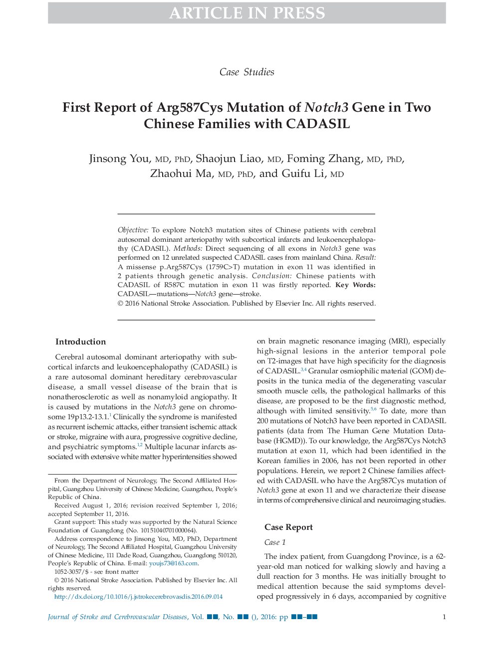 First Report of Arg587Cys Mutation of Notch3 Gene in Two Chinese Families with CADASIL