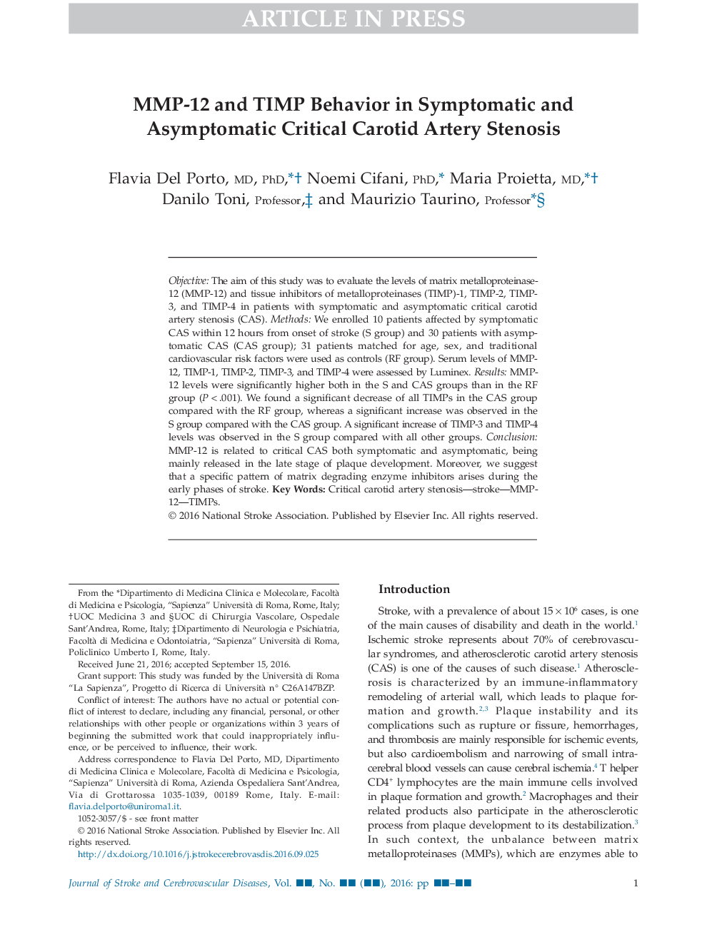 عکس صفحه اول مقاله: MMP-12 and TIMP Behavior in Symptomatic and Asymptomatic Critical Carotid Artery Stenosis MMP-12 and TIMP Behavior in Symptomatic and Asymptomatic Critical Carotid Artery Stenosis