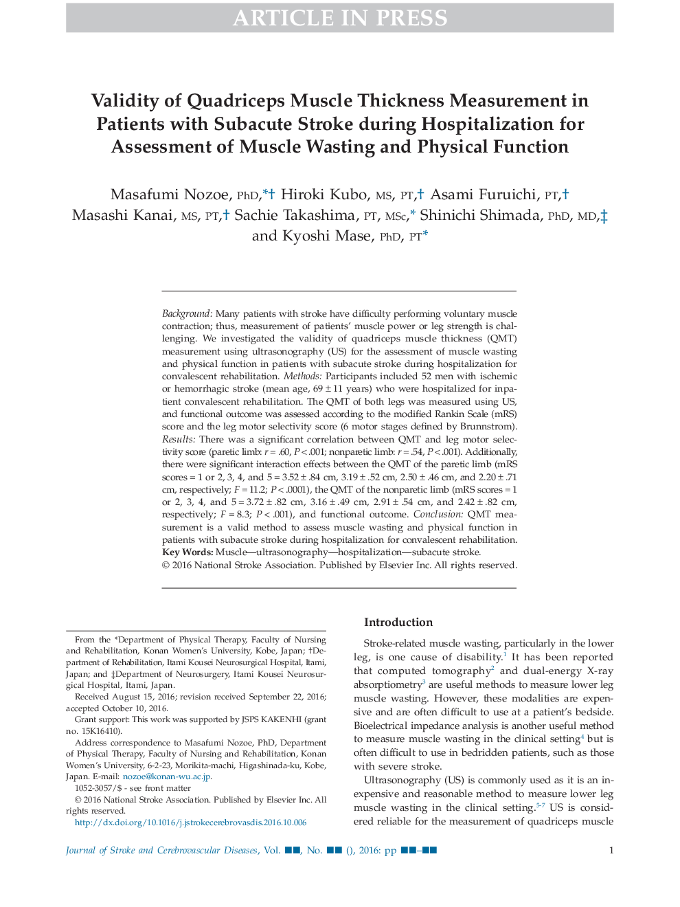 Validity of Quadriceps Muscle Thickness Measurement in Patients with Subacute Stroke during Hospitalization for Assessment of Muscle Wasting and Physical Function