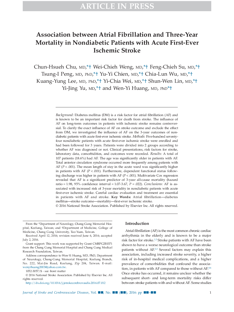 ارتباط بین فیبریلاسیون دهلیزی و مرگ و میر سه ساله در بیماران نابینایی با سکته مغزی ایسکمیک حاد اول 